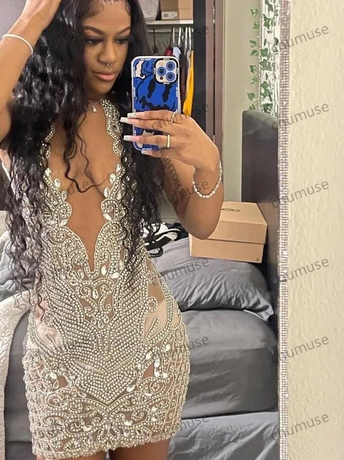 Vestidos de fiesta de cumpleaños sexys transparentes para mujer, vestidos de fiesta negros con diamantes para niña, vestidos de fiesta con cuello transparente, vestido formal para ocasiones especiales 