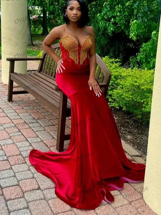 Vestido de fiesta sexy para niñas, rojo y negro, con apliques de encaje dorado y cuentas, estilo africano formal para fiesta. 