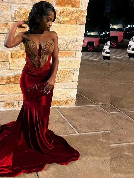 Vestido de fiesta sexy para niñas, rojo y negro, con apliques de encaje dorado y cuentas, estilo africano formal para fiesta. 