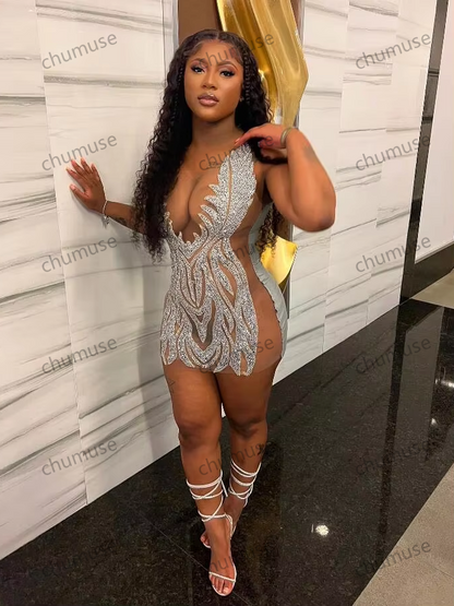 Vestidos curtos afro-americanos para baile de aniversário, Gillter, brilhante, transparente, malha, preto, para meninas, coquetel, prata, contas de cristal 