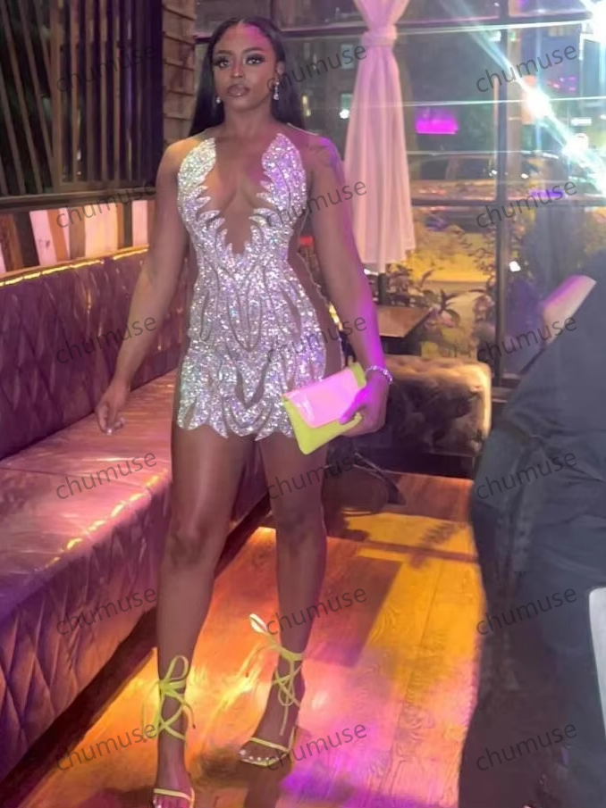 Vestidos curtos afro-americanos para baile de aniversário, Gillter, brilhante, transparente, malha, preto, para meninas, coquetel, prata, contas de cristal 