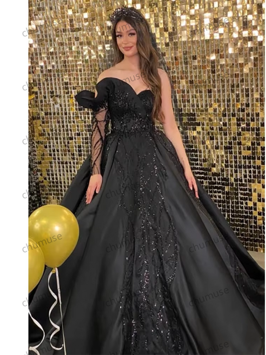 Vestido de noiva preto com decote em V, manga longa, apliques de lantejoulas, vestido de baile formal, festa elegante, vestidos de noiva