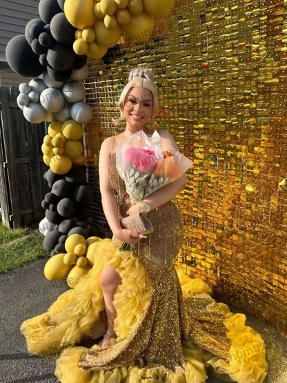 Vestido de noche africano brillante dorado para recepción, de lujo, con cristales y diamantes negros, ideal para cumpleaños de niña.