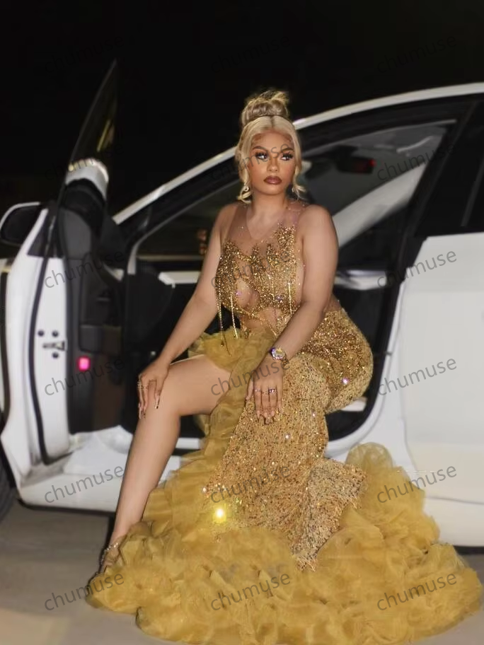 Vestido de noche africano brillante dorado para recepción, de lujo, con cristales y diamantes negros, ideal para cumpleaños de niña.