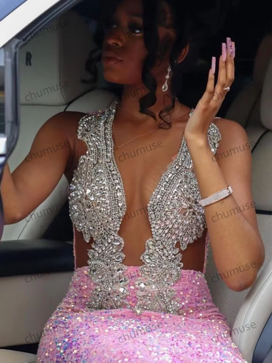 Vestido longo de sereia rosa brilhante para festa de formatura, para meninas negras, luxuoso, de veludo com cristais e diamantes, para festa de aniversário e gala