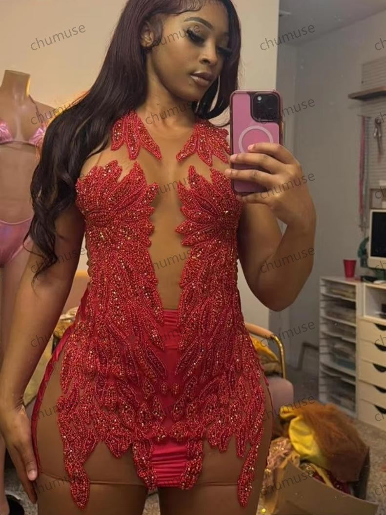 Vestido corto único de fiesta con cuentas rojas y diamantes de imitación, para cumpleaños de Blackgirl, vestidos de lujo, baile de máscaras, mini cóctel con purpurina