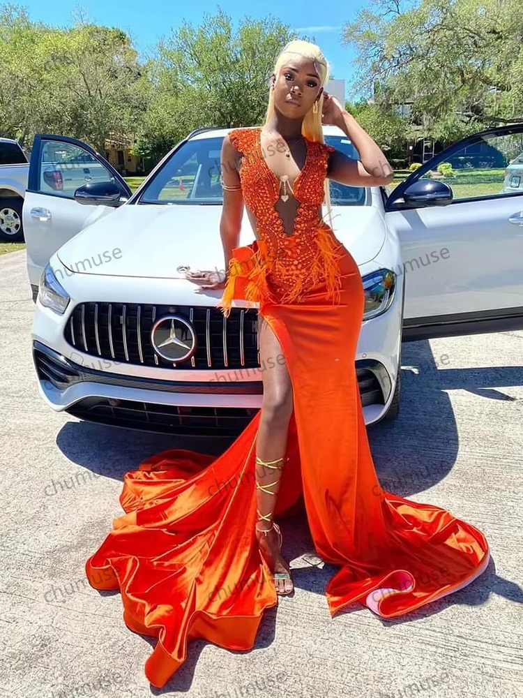 Luxury Orange Diamond Prom Dresses For Women Sexy Slit Beads Birthday ...