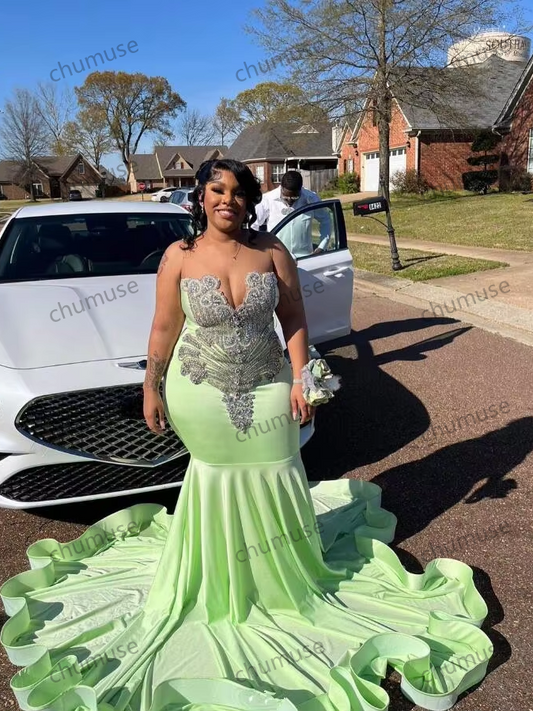 Vestido formal de sirena brillante verde menta para ceremonia de graduación, para niña negra, de lujo, con diamantes, para noche de cumpleaños y gala, talla grande