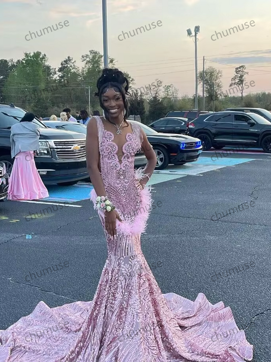 Vestido de noche largo de sirena con lentejuelas y plumas de cristal y diamantes de imitación en color rosa brillante para fiesta de graduación y cumpleaños