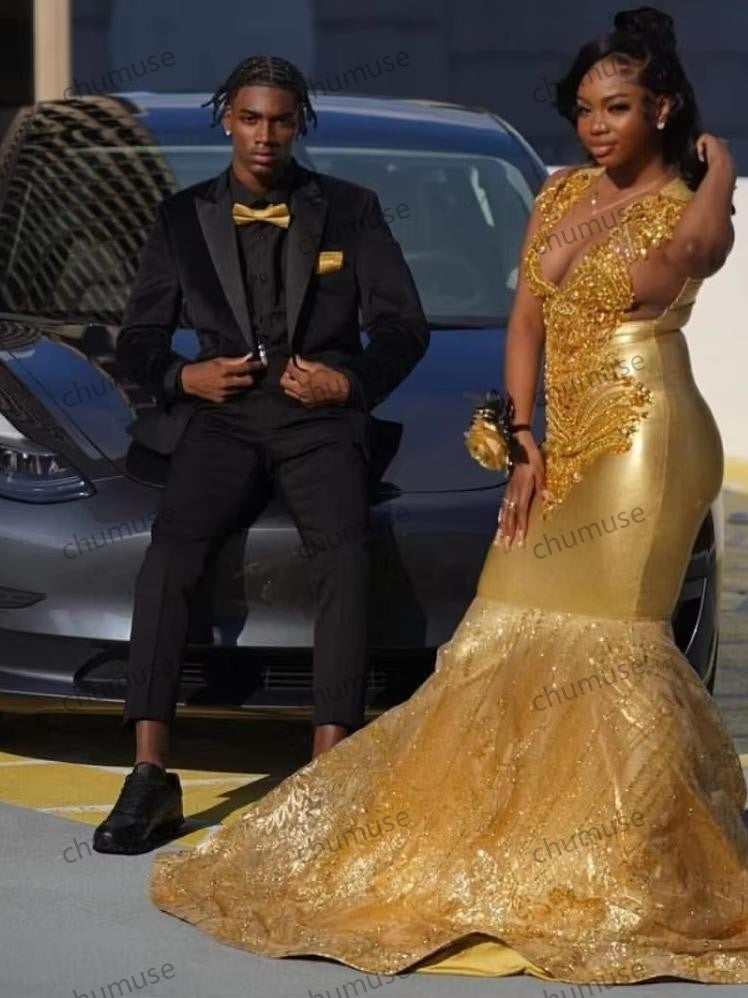 فستان حورية البحر لحفلات أعياد الميلاد الرسمية للفتيات ذوات البشرة السوداء، مرصع بالألماس الذهبي اللامع، مزين بالكريستال اللامع