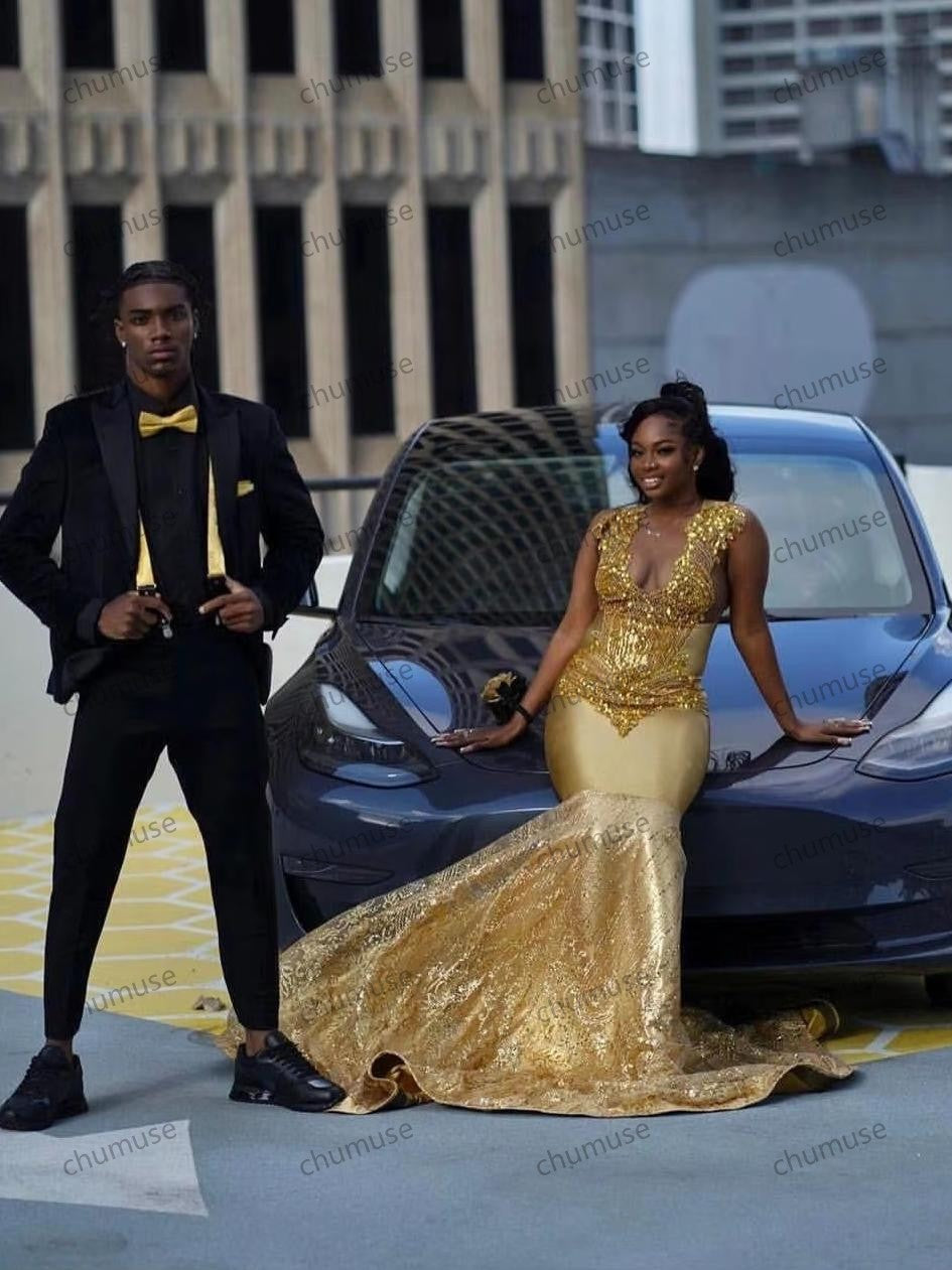 فستان حورية البحر لحفلات أعياد الميلاد الرسمية للفتيات ذوات البشرة السوداء، مرصع بالألماس الذهبي اللامع، مزين بالكريستال اللامع