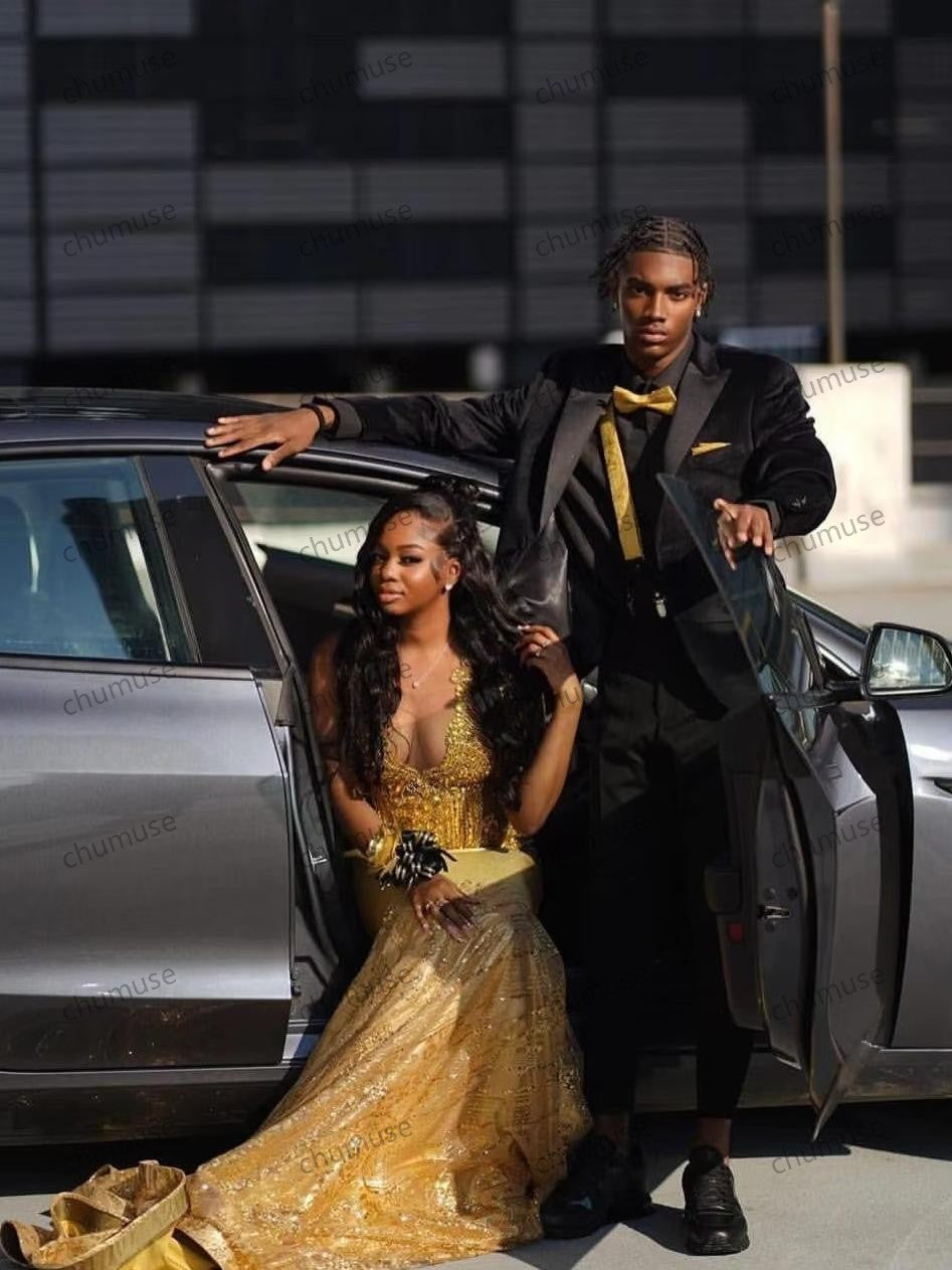 فستان حورية البحر لحفلات أعياد الميلاد الرسمية للفتيات ذوات البشرة السوداء، مرصع بالألماس الذهبي اللامع، مزين بالكريستال اللامع