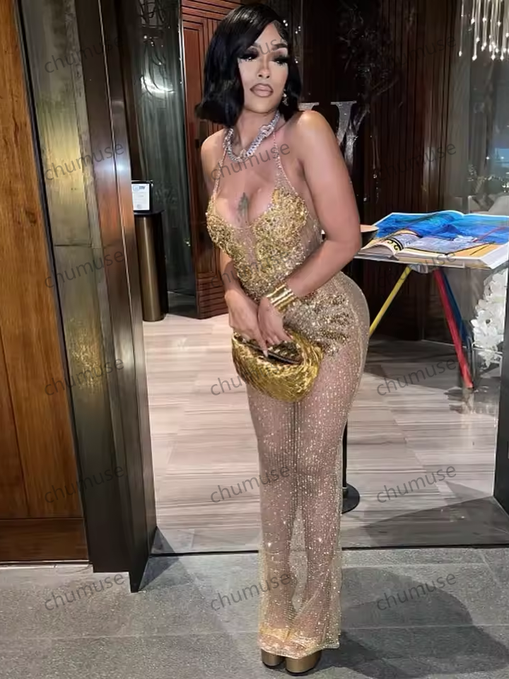 Robe de bal sexy dorée à col licou et paillettes, tenue de soirée africaine