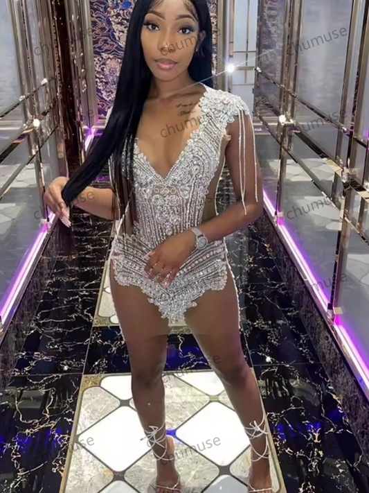 Vestido de fiesta corto plateado con escote en V para chicas negras, vestido de noche con cuentas y borlas, vestidos de fiesta de cumpleaños estilo sirena personalizados
