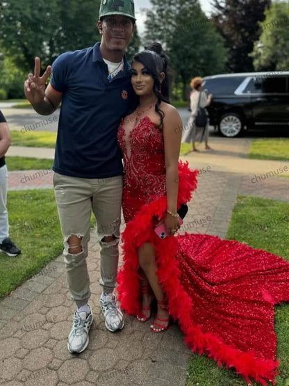 Sexy Black Girls Sequins Red Prom Dress Feather Crystal Beaded High Slit African Party Aso Ebi Gown