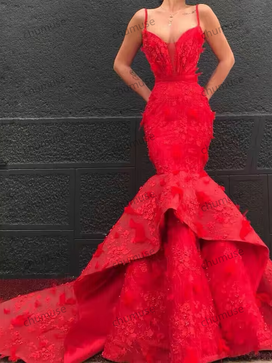 Vestido de fiesta rojo sin mangas para mujer, corte sirena espagueti, apliques, largo hasta el suelo, escote redondo, cola de encaje, escalonado, formal, de lujo