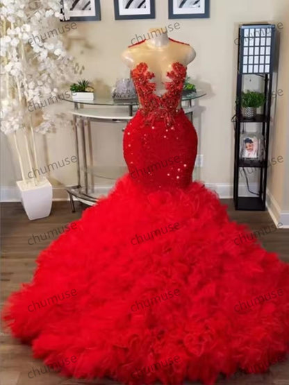 فستان سهرة من التول الكريستالي الأحمر المصمم للفتيات ذوات البشرة السوداء، فستان حورية البحر للسيدات، فستان زفاف خاص مخصص