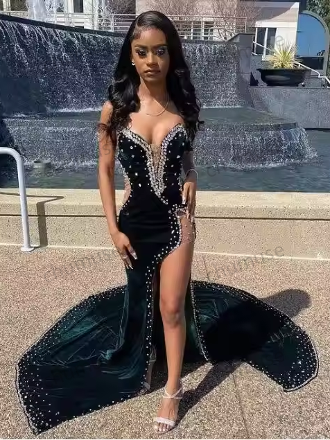 Vestidos de fiesta afroamericanos con abertura, sirena, tirantes finos, terciopelo, cuentas, para niña negra, Nigeria, Arabia Saudita, vestido de noche personalizado