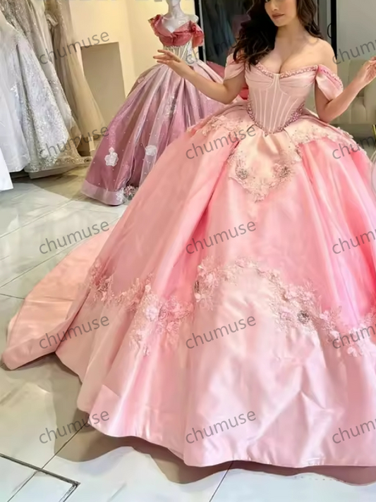 Pink Bead Quinceanera Dresses Ball Gown Appliques Princess Dress Off The Shoulder Lace- Up Special Occasion Gown Customized
