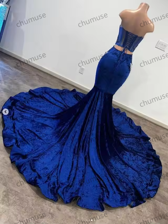 Blue Mermaid African Prom Dress for Women Luxury Crystal Beaded Boning Sheer Mesh Evening Celebrity Gown