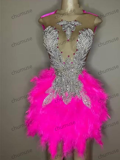Pink O Neck Short Prom Dress For Black Girls Sparkly Beaded Crystal Birthday Party Dresses Feathers Mini Cocktail Customized