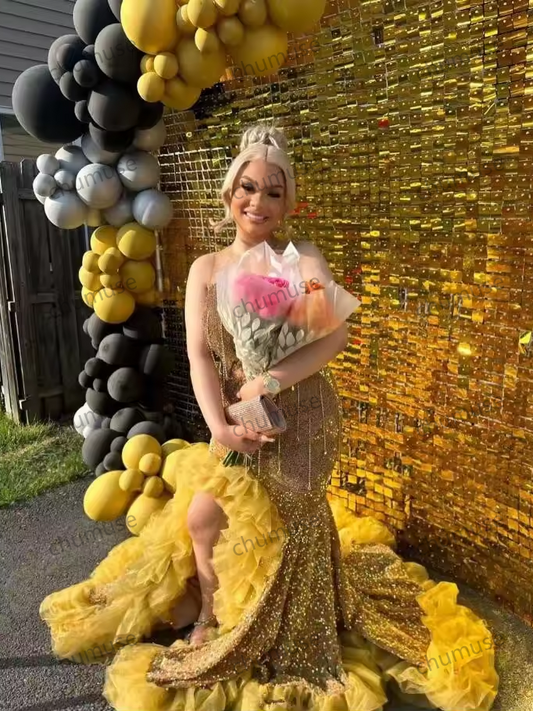 Vestido de festa africano dourado brilhante, luxuoso, com cristais e diamantes, preto, para meninas, aniversário, festa