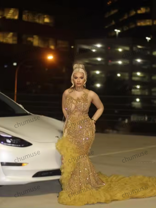 Vestido de festa africano dourado brilhante, luxuoso, com cristais e diamantes, preto, para meninas, aniversário, festa