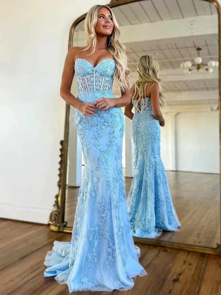 2025 Long Mermaid Purple Lace Prom Dresses Violet Strapless Formal Dre