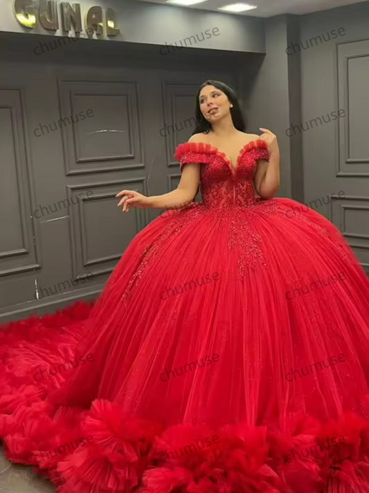 Vestidos de quinceanera vermelhos mexicanos com ombros de fora, vestido de baile, apliques de contas, aniversário, vestido de luxo, babados, vestido de formatura personalizado