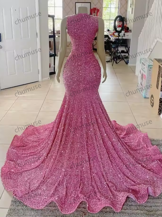 Cute Pink Mermaid Prom Party Dress Luxury Crystal Feather Velvet Black Girl Birthday Queen Gown
