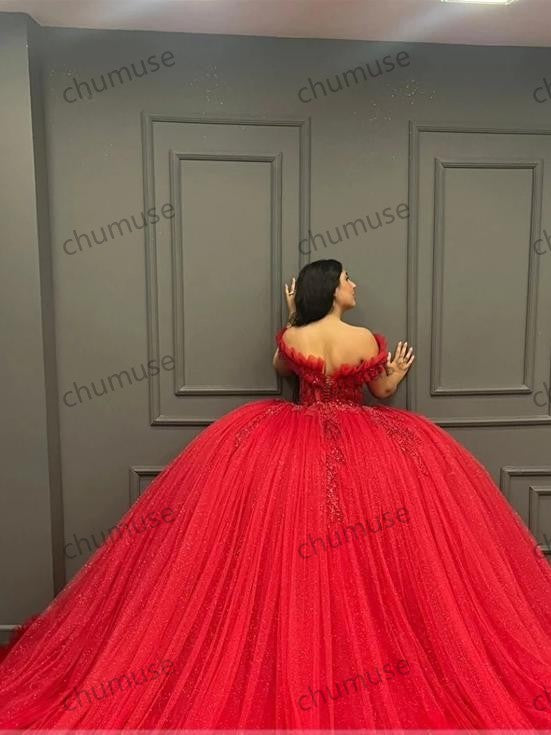 Mexico Red Off Shoulder Quinceanera Dresses Ball Gown Bead Applique Birthday Luxury Dress Ruffle Graduation Gown Customized