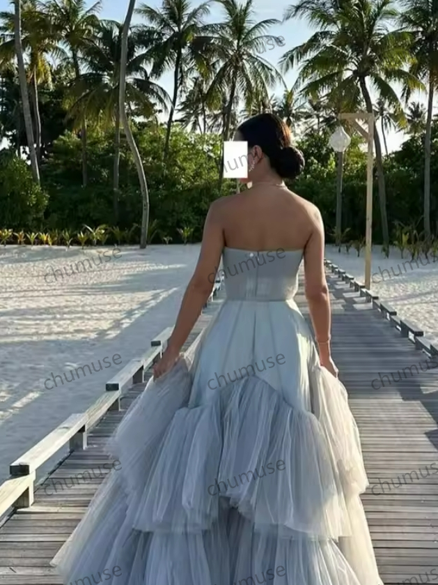 Light Blue Ruffles Evening Dress with Crystal Strapless for Women Wedding Party Ball Gowns