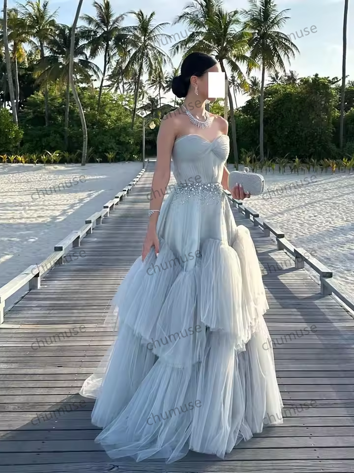 Light Blue Ruffles Evening Dress with Crystal Strapless for Women Wedding Party Ball Gowns