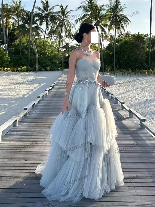 Vestido de noite azul claro com babados e cristais, sem alças, para mulheres, festa de casamento, baile