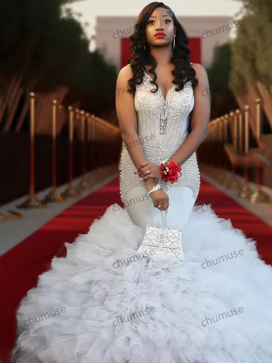 Customized Mermaid Bride Dresses Draped Pleat Tulle Tassel Layered Crystal Sleeveless Open Back Prom Dress