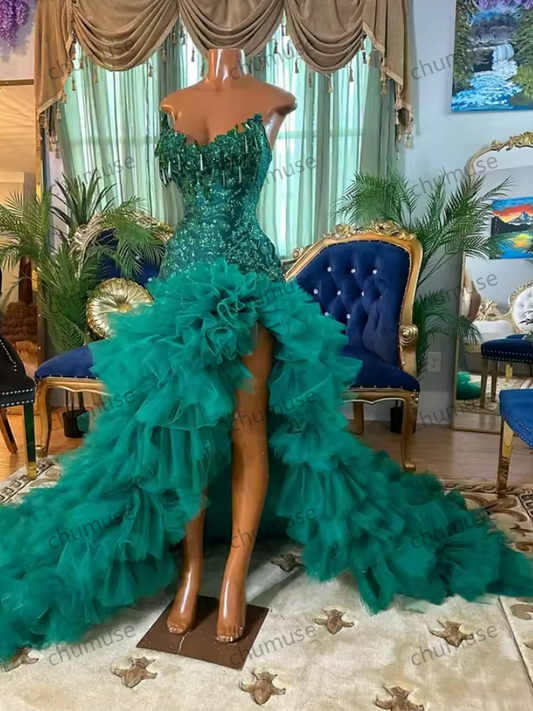 Emerald Green Strapless Tassel Long Prom Dresses Bead Appliques Birthday Luxury Dress Ruffles Gown With Split Customized