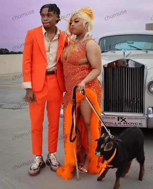 Orange Luxury African Evening Reception Dresses for Women Sparkly Diamond Feather Velvet Slit Prom Gown Black Girl