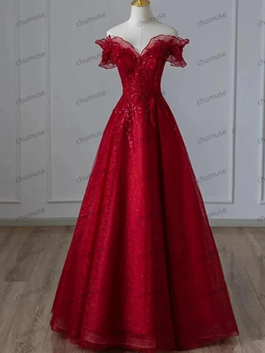 Red Off Shoulder Tulle Evening Dress,Red Prom Dress,Fairy prom dress,Wedding dress,Princess dress,Elegant party dress,Bridesmaid gown,Dress