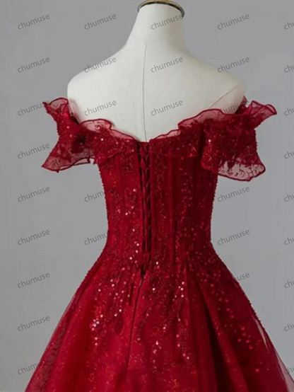 Red Off Shoulder Tulle Evening Dress,Red Prom Dress,Fairy prom dress,Wedding dress,Princess dress,Elegant party dress,Bridesmaid gown,Dress