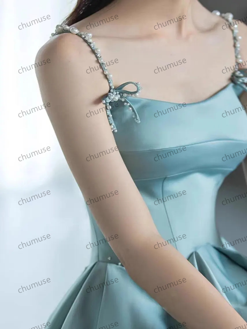 Elegant Pearl Satin Spaghetti Strap Prom Dress, Prom Dress, Cocktail Party Dress, Evening Party Dress, Long Ball Gown, Birthday Prom Dress
