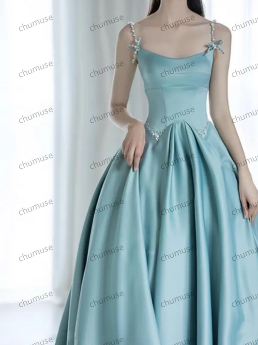 Elegant Pearl Satin Spaghetti Strap Prom Dress, Prom Dress, Cocktail Party Dress, Evening Party Dress, Long Ball Gown, Birthday Prom Dress