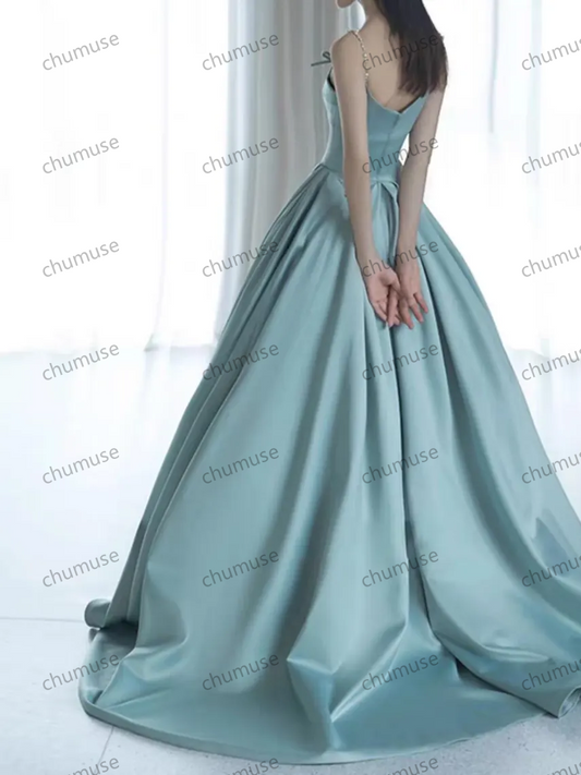 Vestido de baile elegante com alças finas e cetim perolado, vestido de baile, vestido de coquetel, vestido de festa à noite, vestido de baile longo, vestido de baile de aniversário