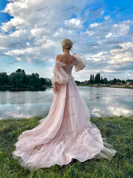 Vestido de fiesta rosa suave, vestido de tul abullonado con cola larga, vestidos con mangas abullonadas, vestido de novia, vestido de fiesta, vestido rosa para foto, vestido corsé