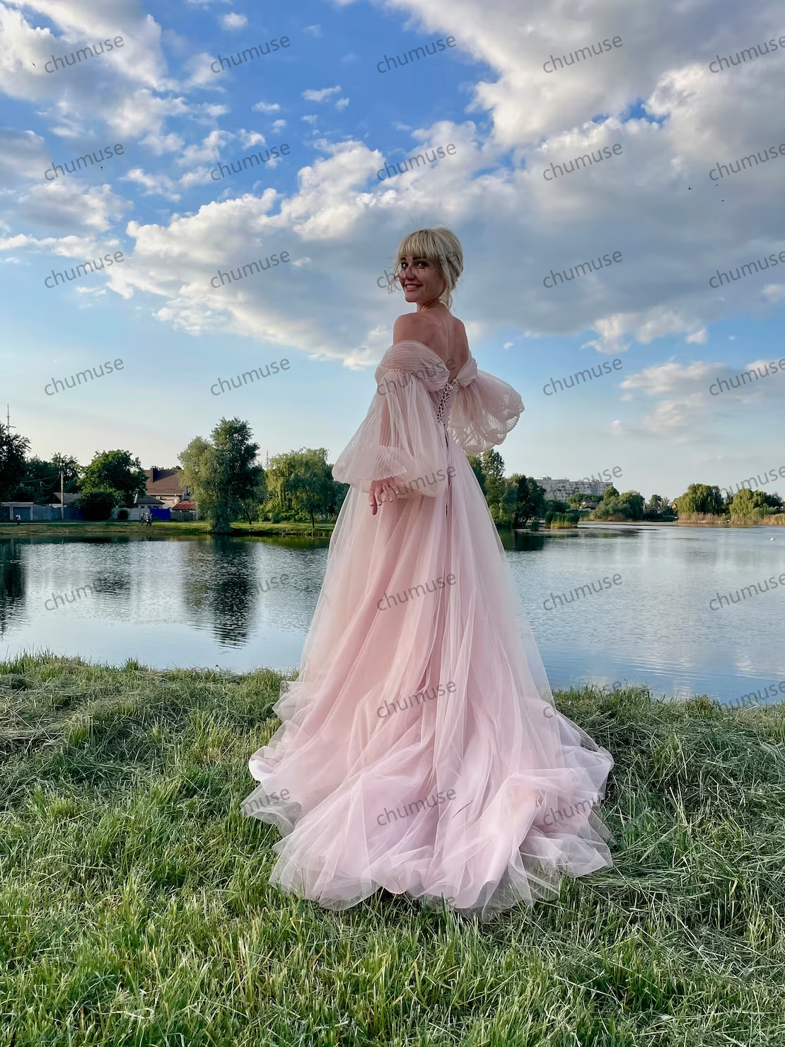 Soft pink event dress,Puffy tulle dress with long train,Dresses with puff sleeves,Wedding Dress,Prom Dress,Pink dress for photo,corset dress