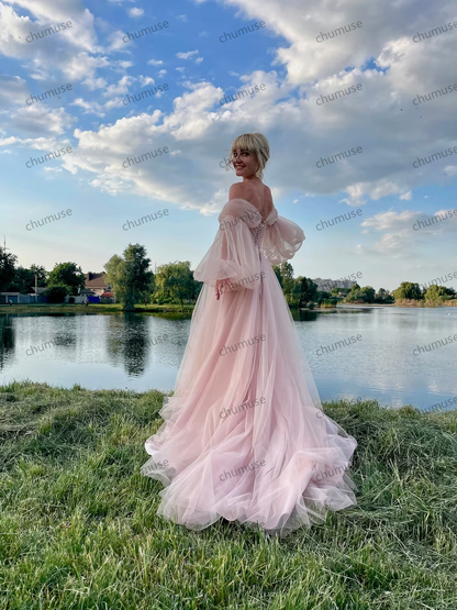 Soft pink event dress,Puffy tulle dress with long train,Dresses with puff sleeves,Wedding Dress,Prom Dress,Pink dress for photo,corset dress