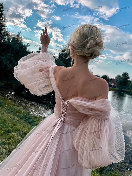 Soft pink event dress,Puffy tulle dress with long train,Dresses with puff sleeves,Wedding Dress,Prom Dress,Pink dress for photo,corset dress