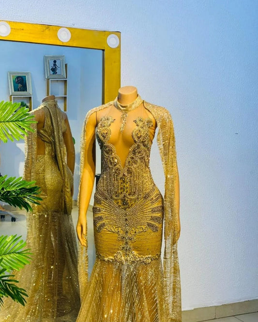 African Prom dress, luxury gold mermaid prom dress, homecoming dress, bridesmaid embellished dress, evening dress, birthday photoshoot dress