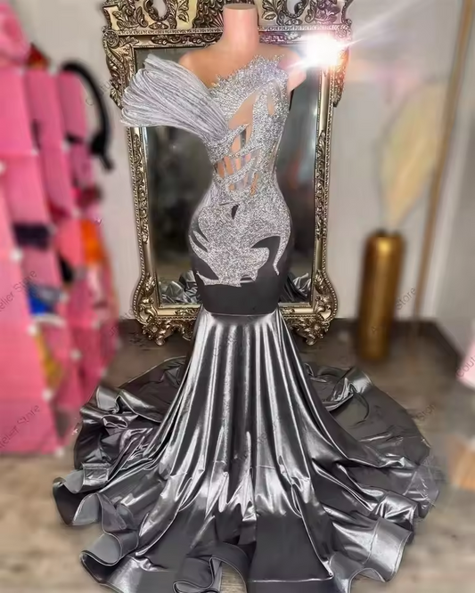 Modern Silvery Prom Dresses Black Girls Crystal Beading Ruched Mermaid 2025 Birthday Luxury Dress Graduation Gown Customized