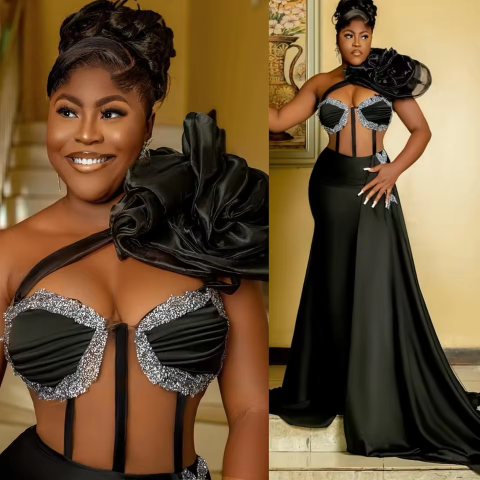 2025 Black Satin Mermaid Prom Dresses Beaded One Shoulder Evening Plus Size Formal Birthday Party Gowns For African Customized