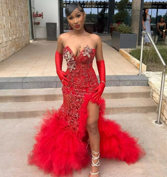 Customized Sexy Black Girls Sequins Red Prom Dress Crystal Beaded High Slit Ruffles African Party Aso Ebi Gown